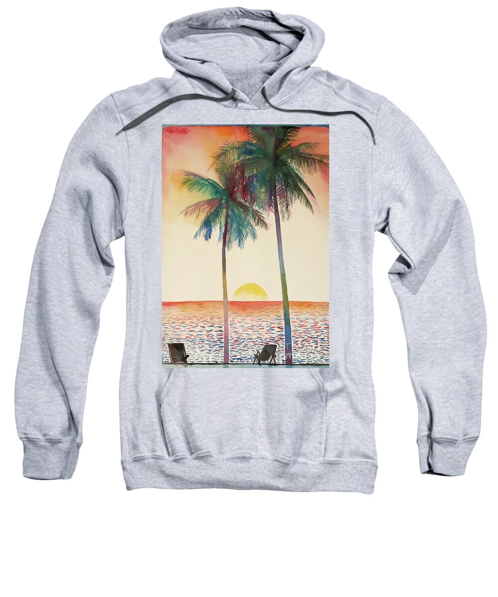 #palmtrees #palm #trees #ocean #sunset #mexico #beach #glenneff #thesoundpoetsmusic #picturerockstudio #watercolor #watercolorpainting #beachchairs #tranquil Sweatshirt featuring the painting Palm Trees Beach Sunset by Glen Neff
