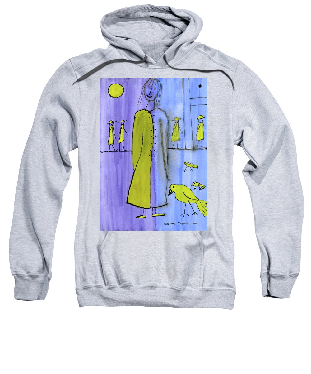 People Sweatshirt featuring the painting People and Yellow Birds by Ekaterina Yakovina