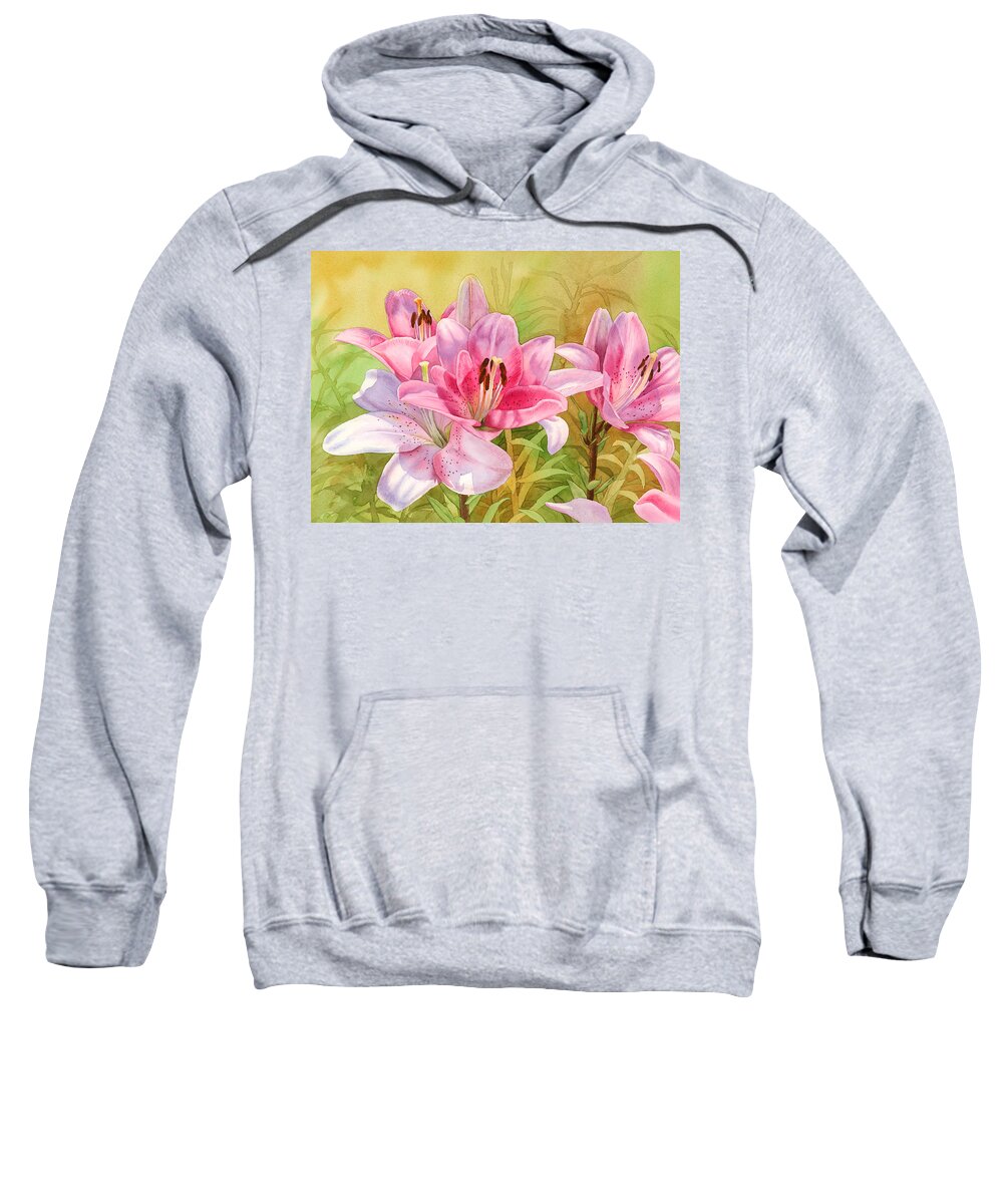 Pink Sweatshirt featuring the painting Pink Lilies by Espero Art
