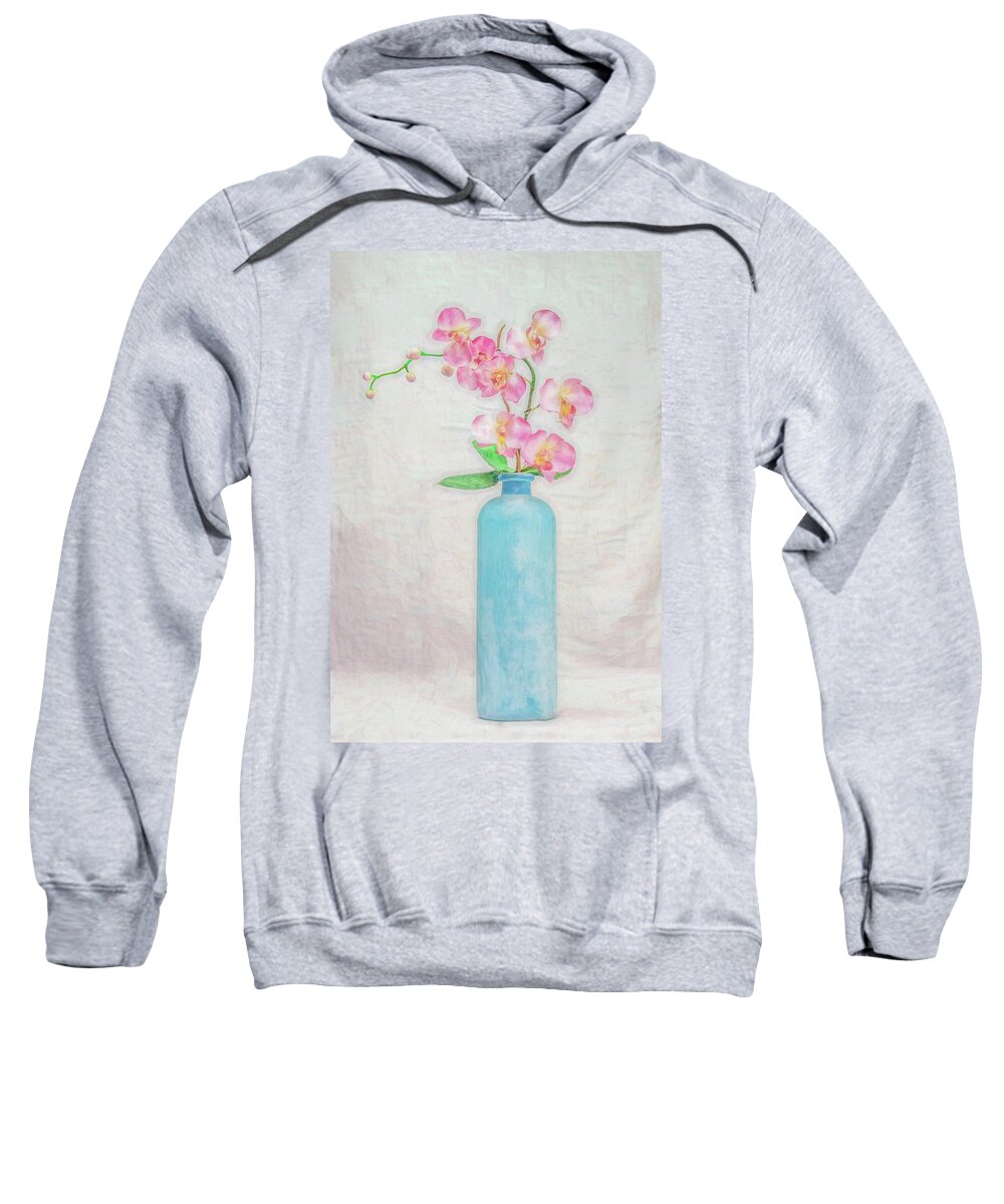 Orchids Still Life Sweatshirt featuring the digital art Blue Bottle of Orchids by Kevin Lane