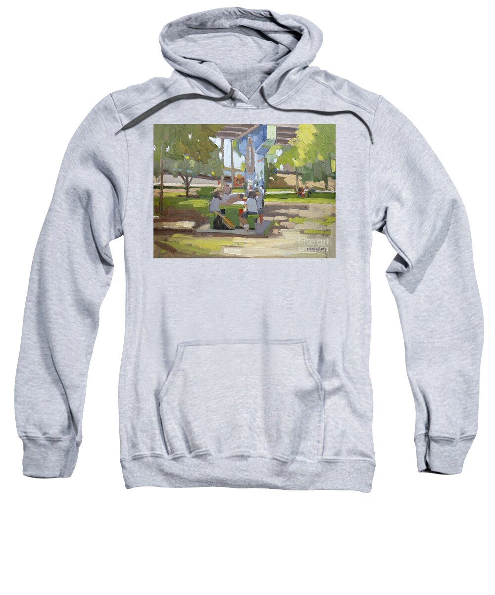 Chicano Park Sweatshirt featuring the painting Playing Rummy in Chicano Park- Barrio Logan, San Diego, California by Paul Strahm