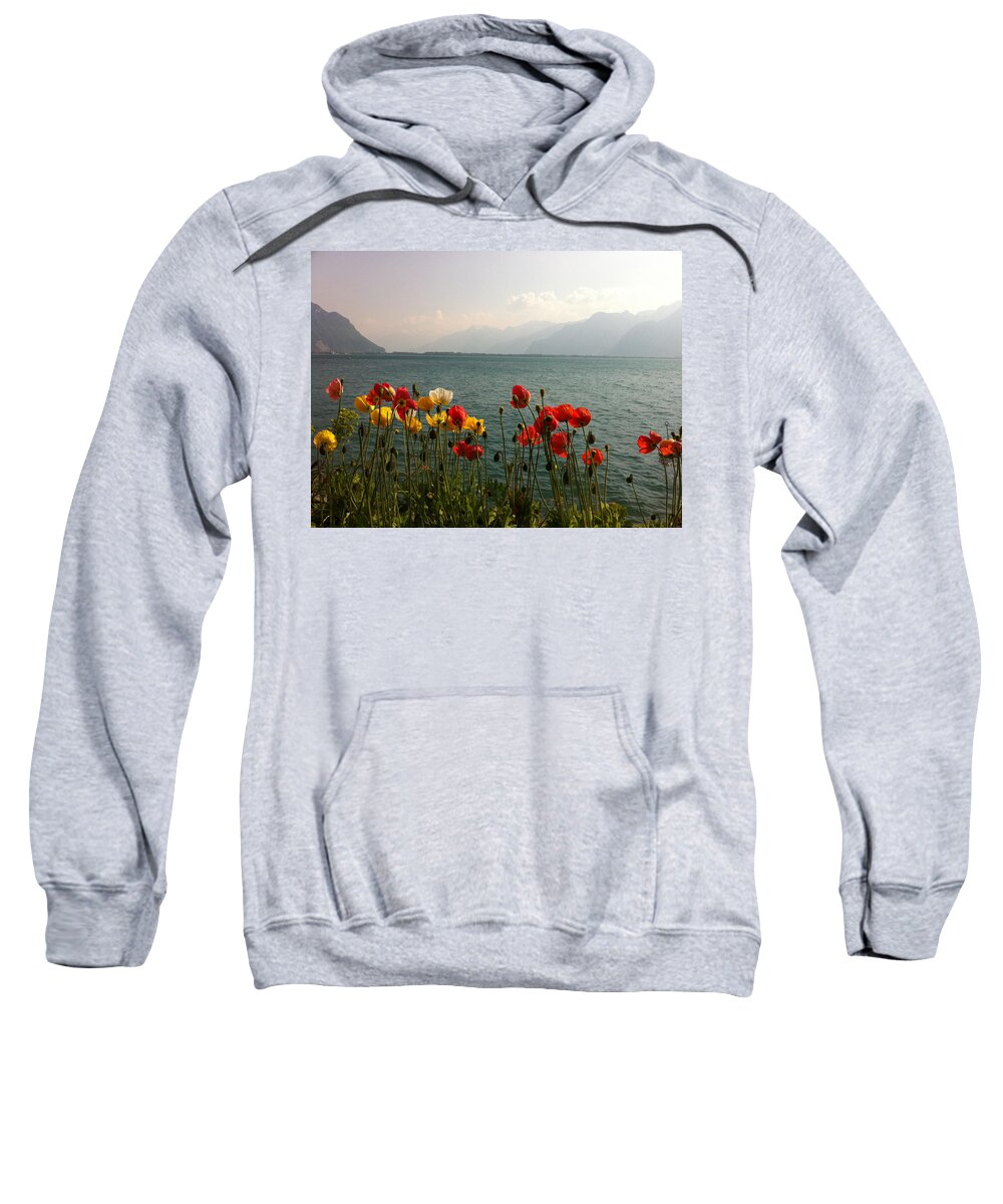 Poppies Sweatshirt featuring the photograph poppies on lake leman Switzerland by Joelle Philibert