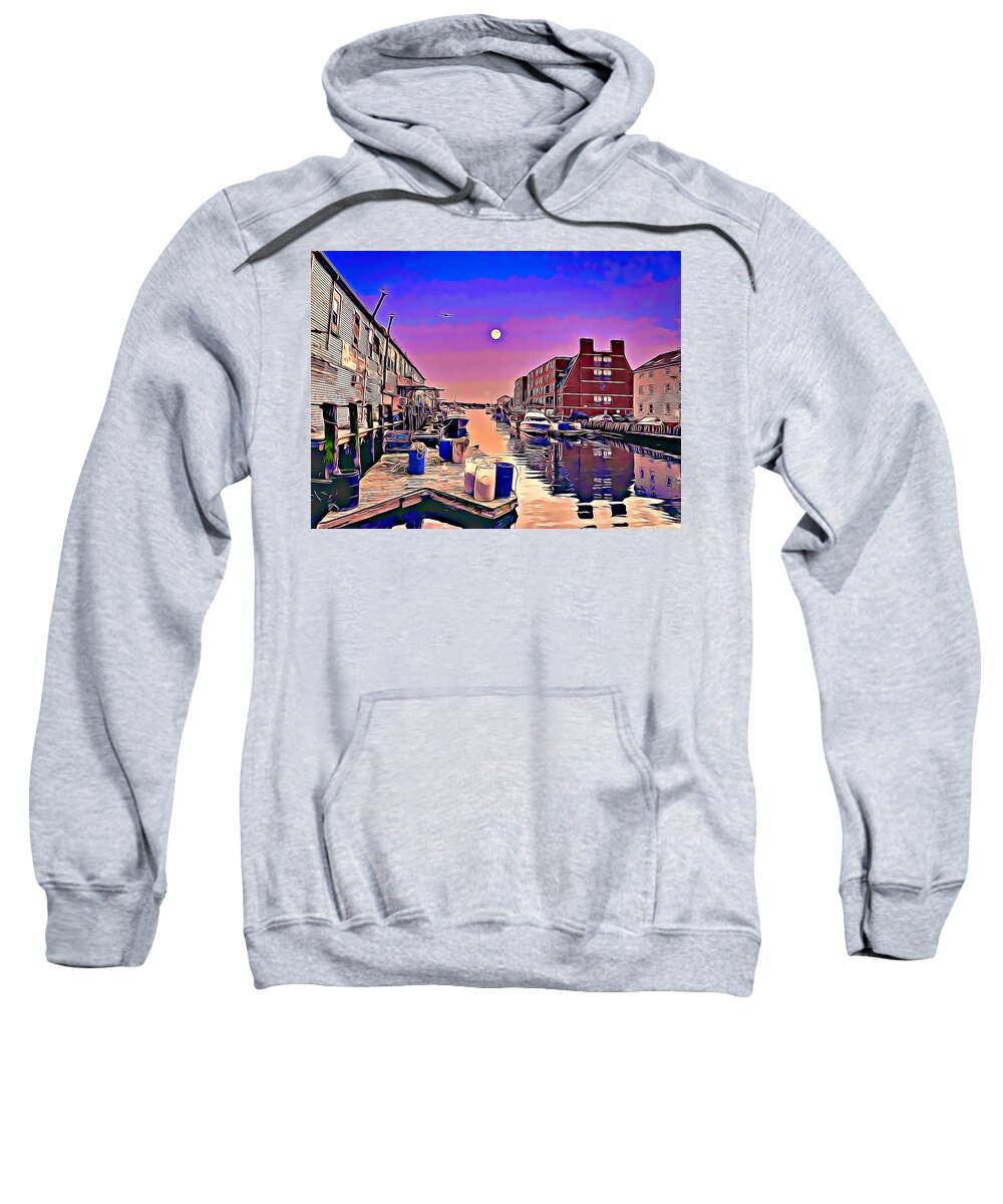 Waterfront Sweatshirt featuring the digital art Portland Maine Moon and Plane by Russel Considine