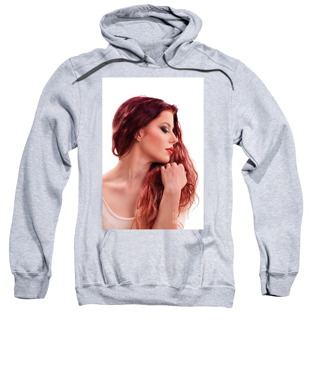 Portrait Sweatshirt featuring the photograph Portrait of a beautiful girl holding her hair by Mendelex Photography