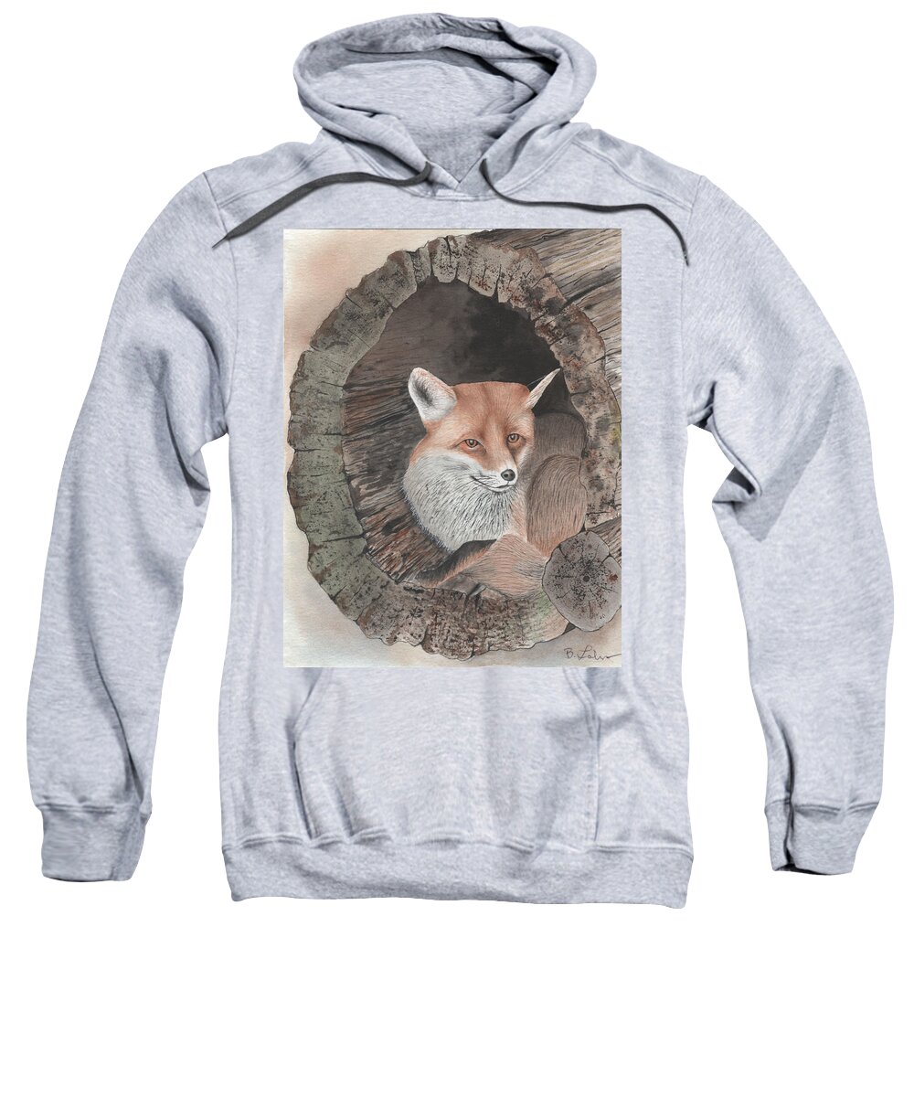 Red Fox Sweatshirt featuring the painting Red Fox in Hollow Log by Bob Labno