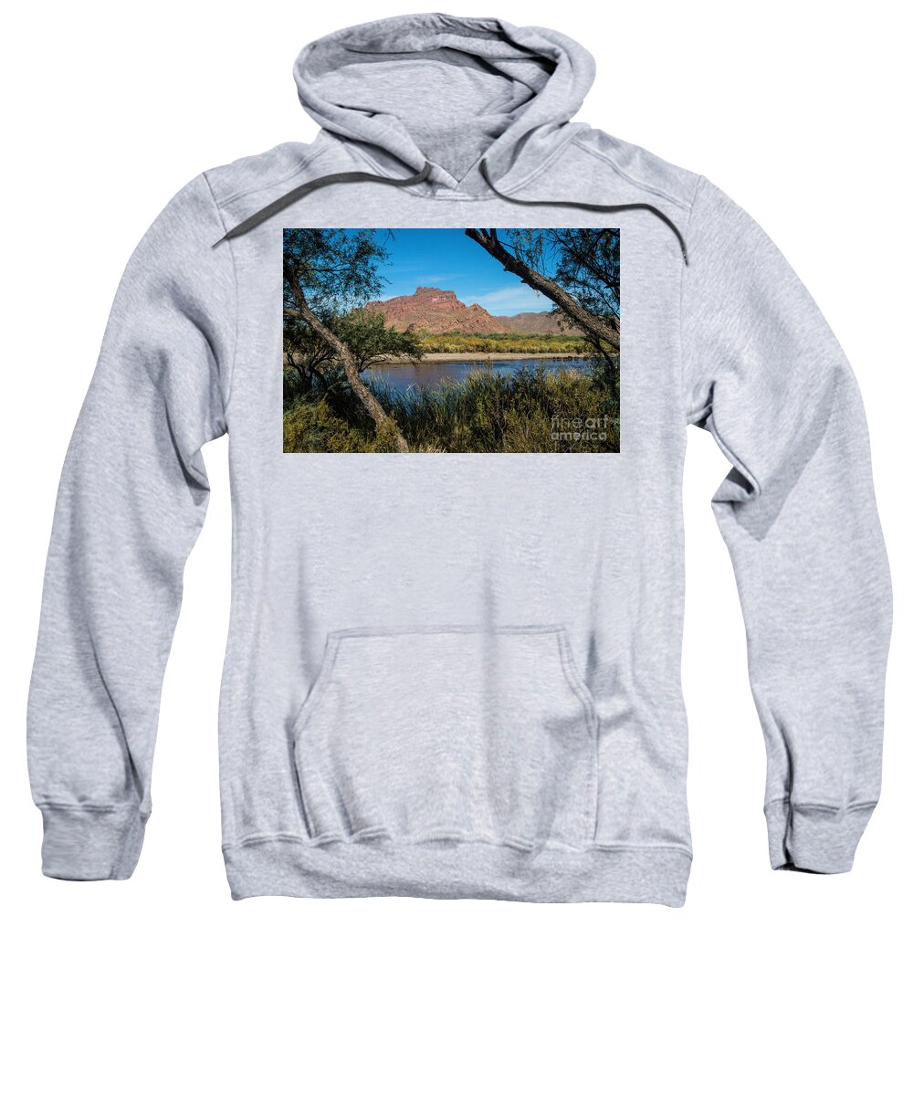 Arizona Sweatshirt featuring the photograph Red Mountain Through the Trees by Kathy McClure