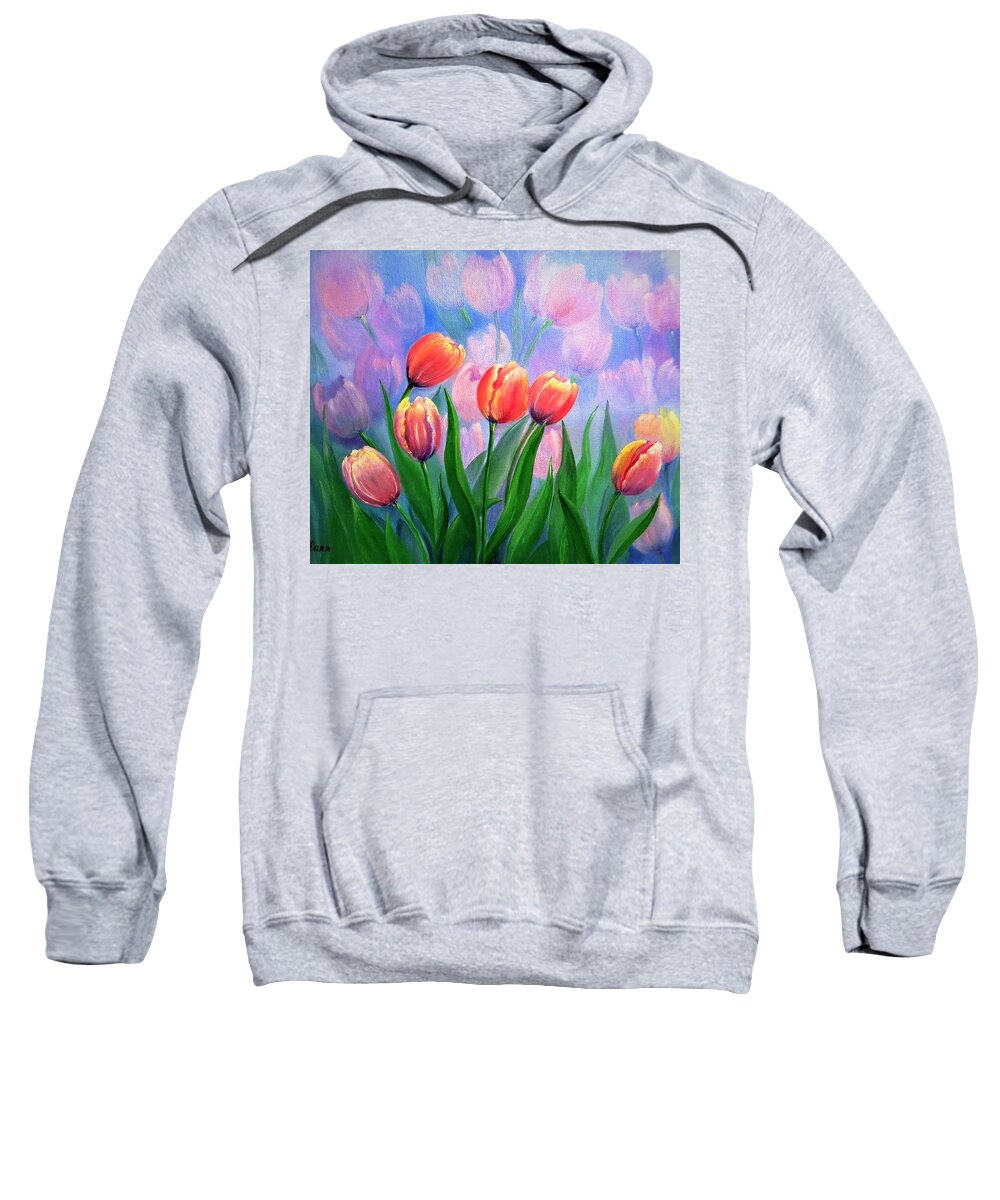 Wall Art Home Decor Flower Tulips Red Tulips Gift For Her Home Decoration Gallery Art Sweatshirt featuring the painting Red Tulips by Tanya Harr