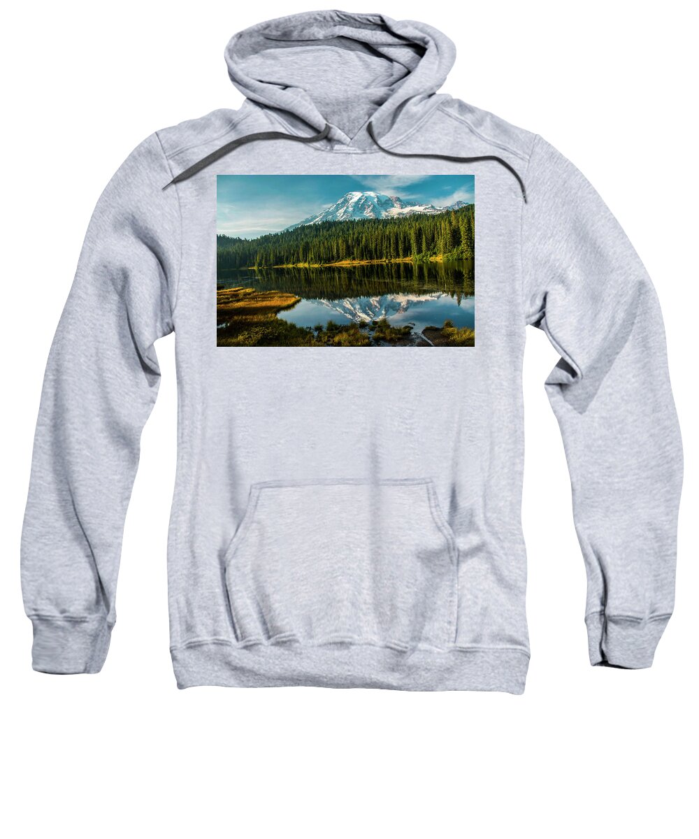Mount Rainier National Park Sweatshirt featuring the photograph Reflections and a Tinge of Autumn by Doug Scrima