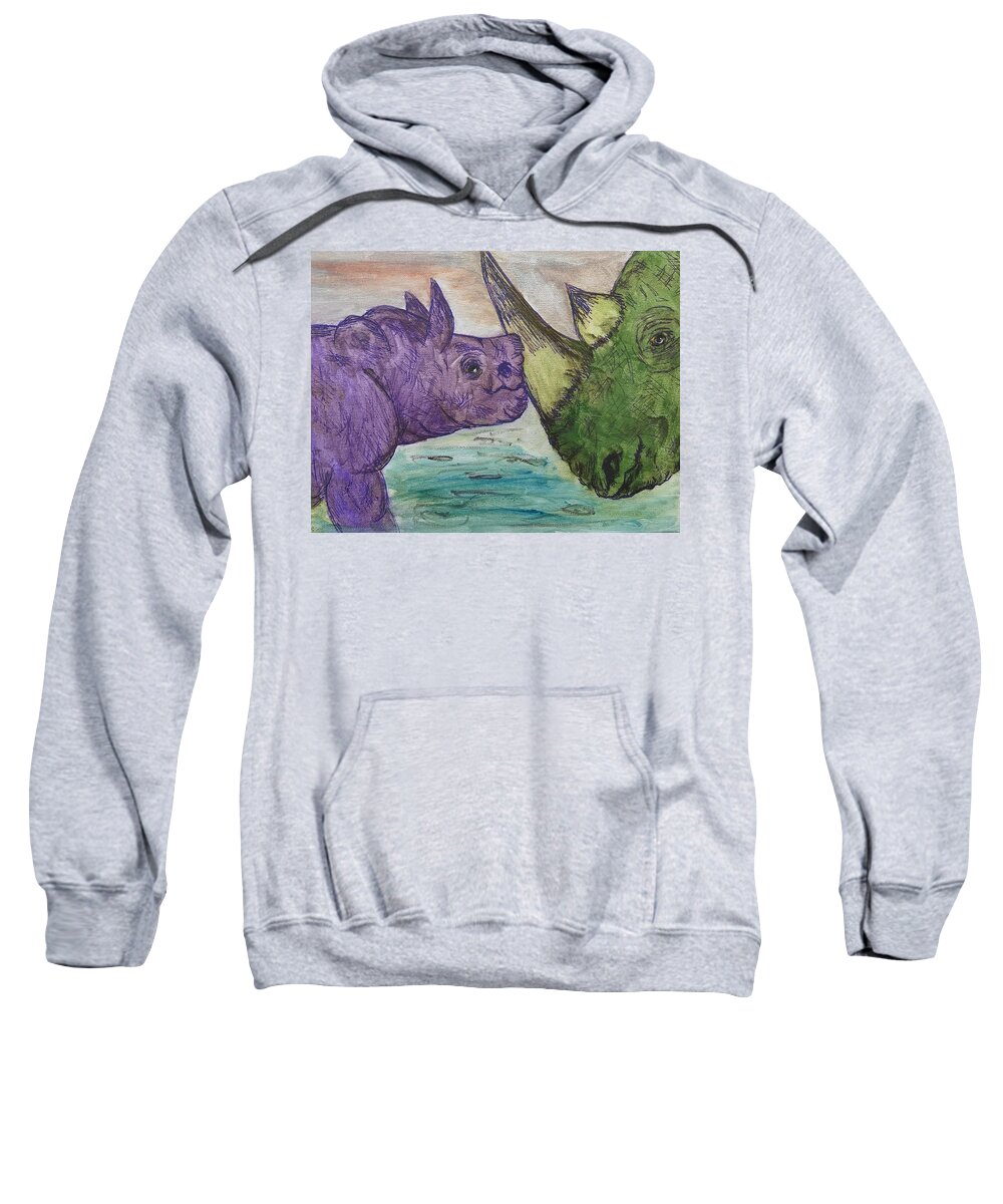 12 X 9 Sweatshirt featuring the painting Rhinos by Lisa Koyle