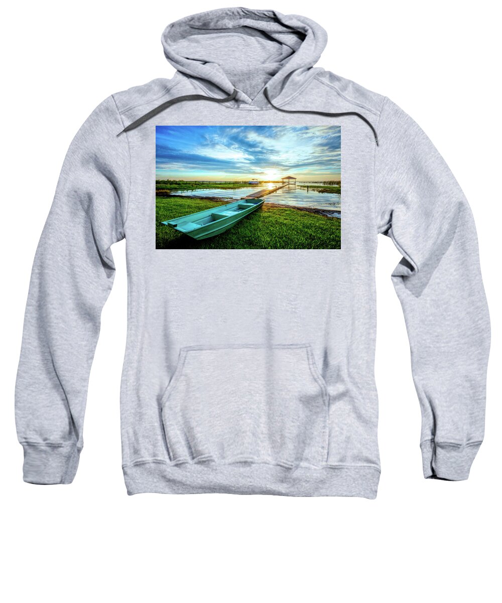 Docks Sweatshirt featuring the photograph Rowboat at the Water's Edge by Debra and Dave Vanderlaan