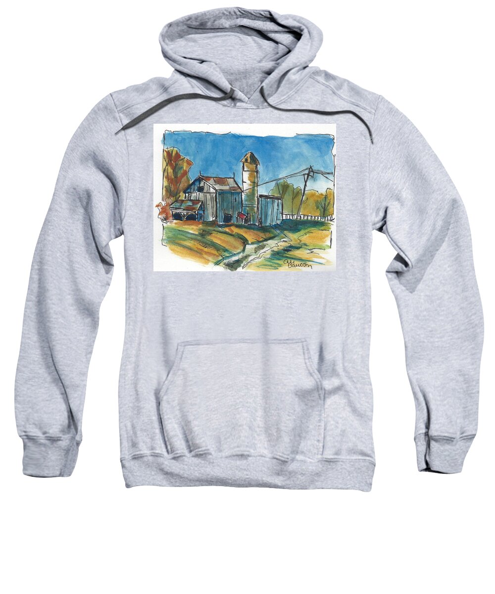 Barn Sweatshirt featuring the painting Rustic Barn Watercolor and Ink Painting of a Barn with Silo during Autumn by Ali Baucom
