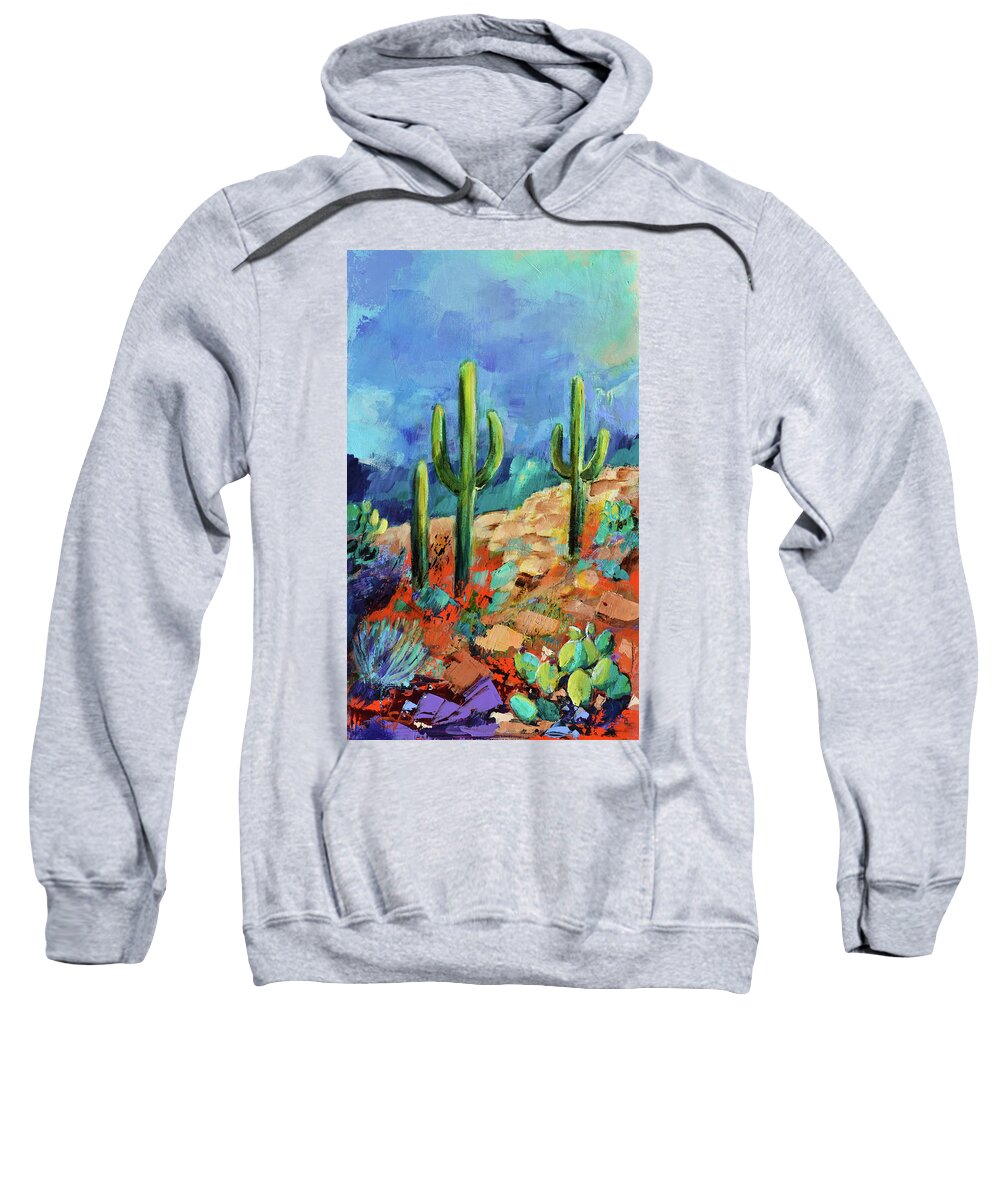 Saguaro Sweatshirt featuring the painting Saguaro Trio - Arizona by Elise Palmigiani