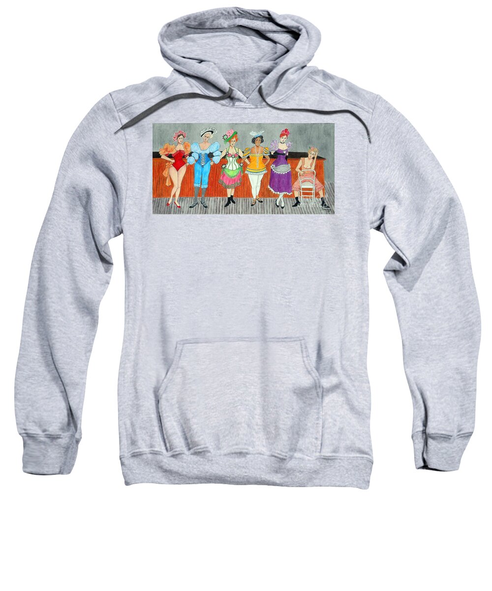 Figurative Sweatshirt featuring the painting Saloon Sextet -- Portrait 1890's Women in Old West by Jayne Somogy