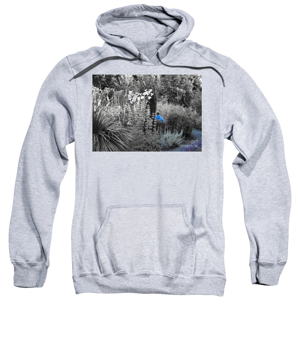 Hidden Garden Sweatshirt featuring the photograph Selectively Blue Garden Visitor by Sea Change Vibes