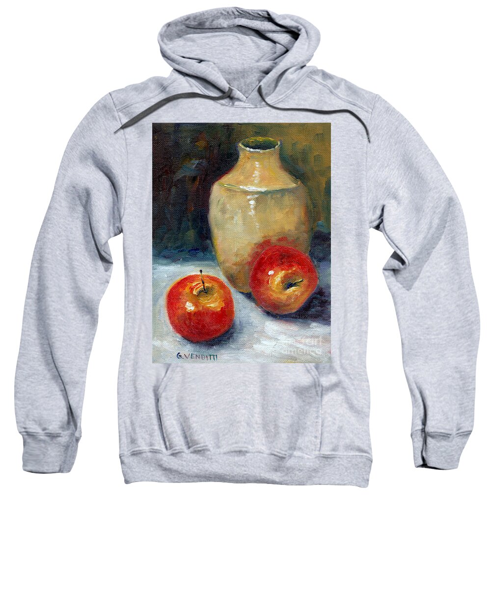Vase Sweatshirt featuring the painting Simple White Vase With Two Red Apples On White Cloth Kitchen Still Life Painting Grace Venditti Art by Grace Venditti