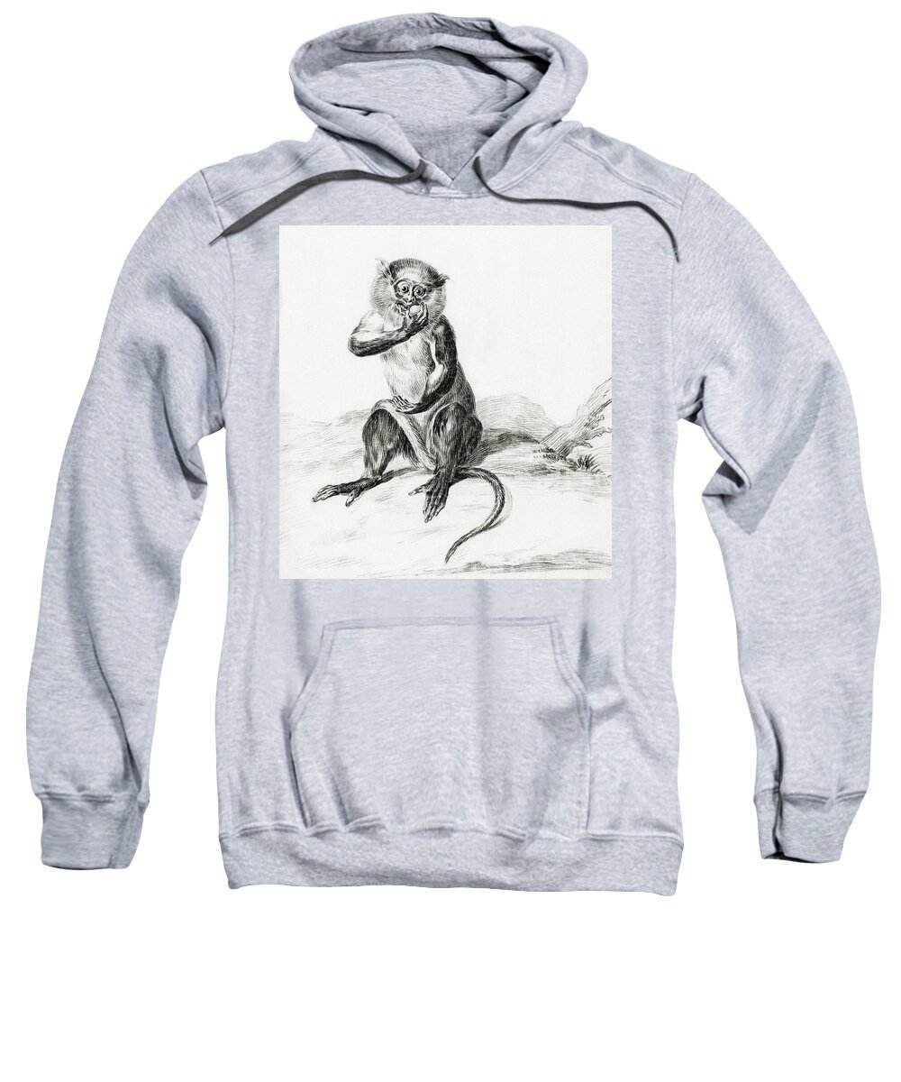 Ancient Sweatshirt featuring the painting Sitting monkey eating a fruit by Jean Bernard 1775-1883 by Les Classics