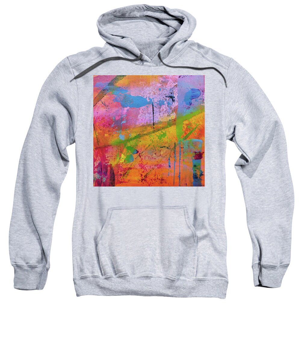 Bright Sweatshirt featuring the painting SKOV Danish Forest Abstract Painting Red Yellow Orange Pink Blue by Lynnie Lang