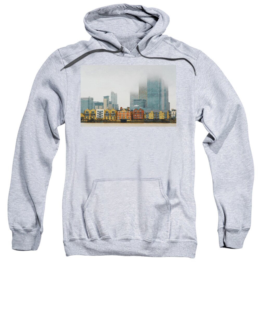 Canary Wharf Sweatshirt featuring the photograph Skyline of Canary Wharf business centre at mist. London UK by Michalakis Ppalis