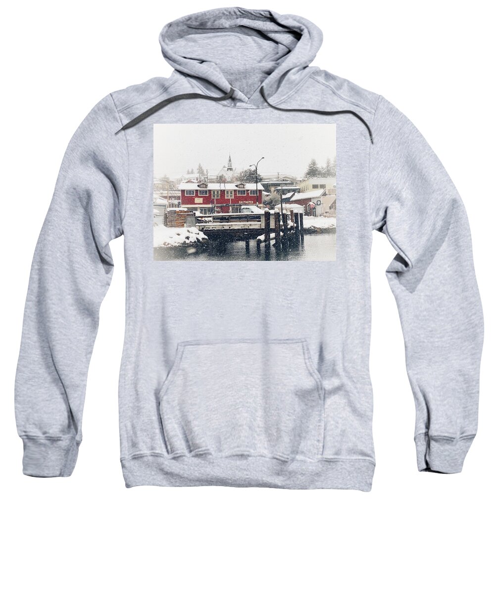 Snow Sweatshirt featuring the photograph Snowing in Poulsbo by Jerry Abbott