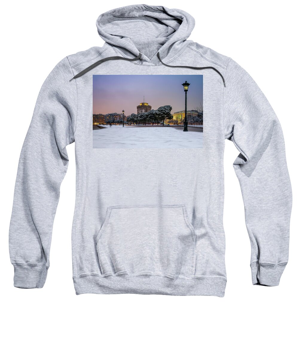White Tower Sweatshirt featuring the photograph Snowy White Tower of Thessaloniki at Dusk in Greece by Alexios Ntounas