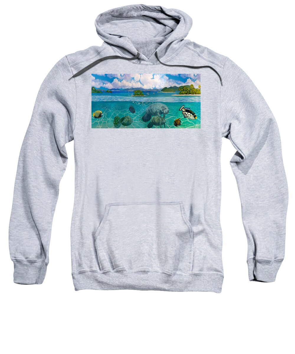 Manatees Sweatshirt featuring the painting South Pacific Paradise with Manatees Towel Version by Bonnie Siracusa