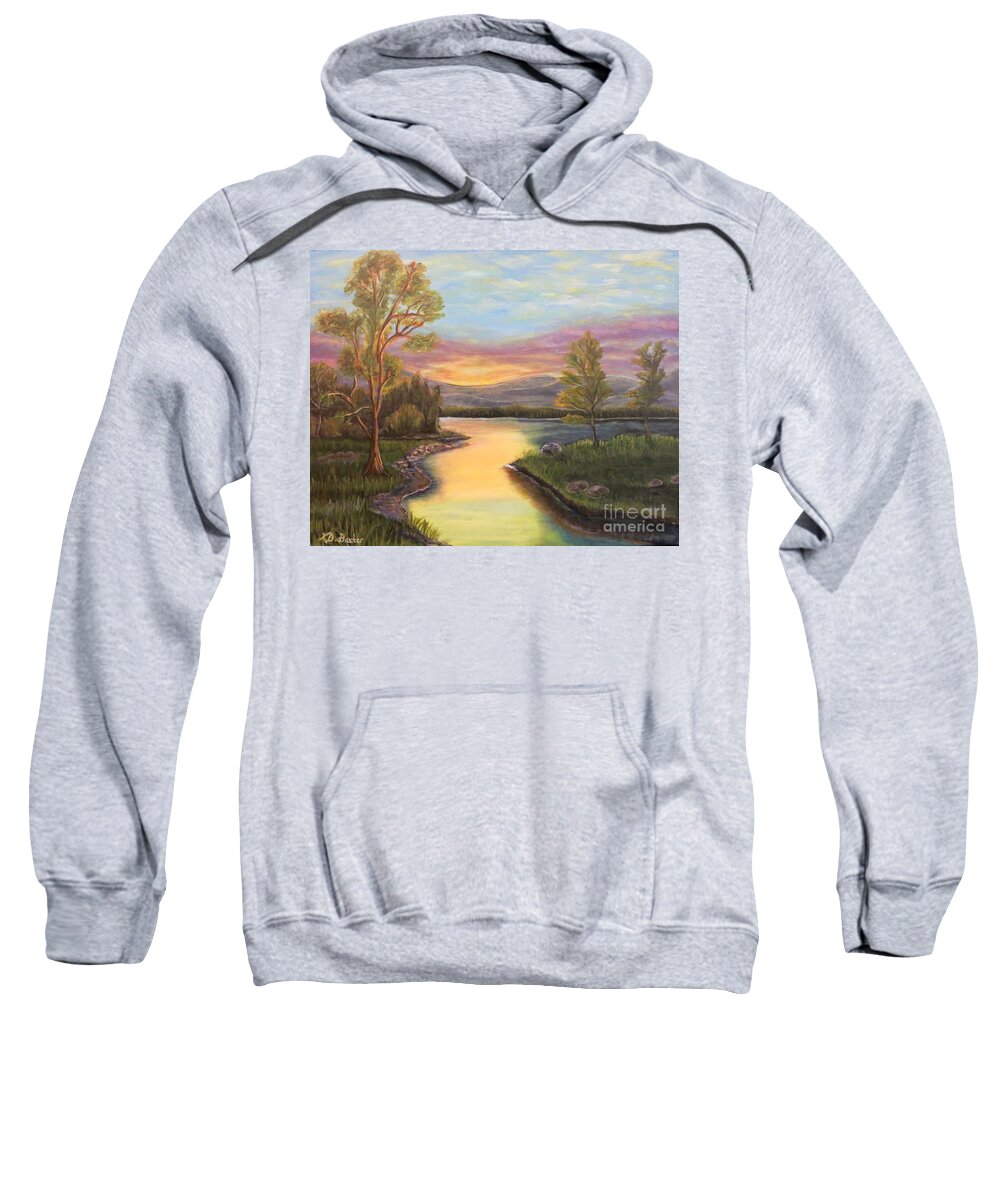 Golden Pink Purple Sunset Blue Skies Wispy Clouds Gulf Of Mexico Deciduous Trees Backlighting Lake Scene Nature Scene Landscape Acrylic Paintings Sweatshirt featuring the painting Splendor of a Sunset by Kimberlee Baxter