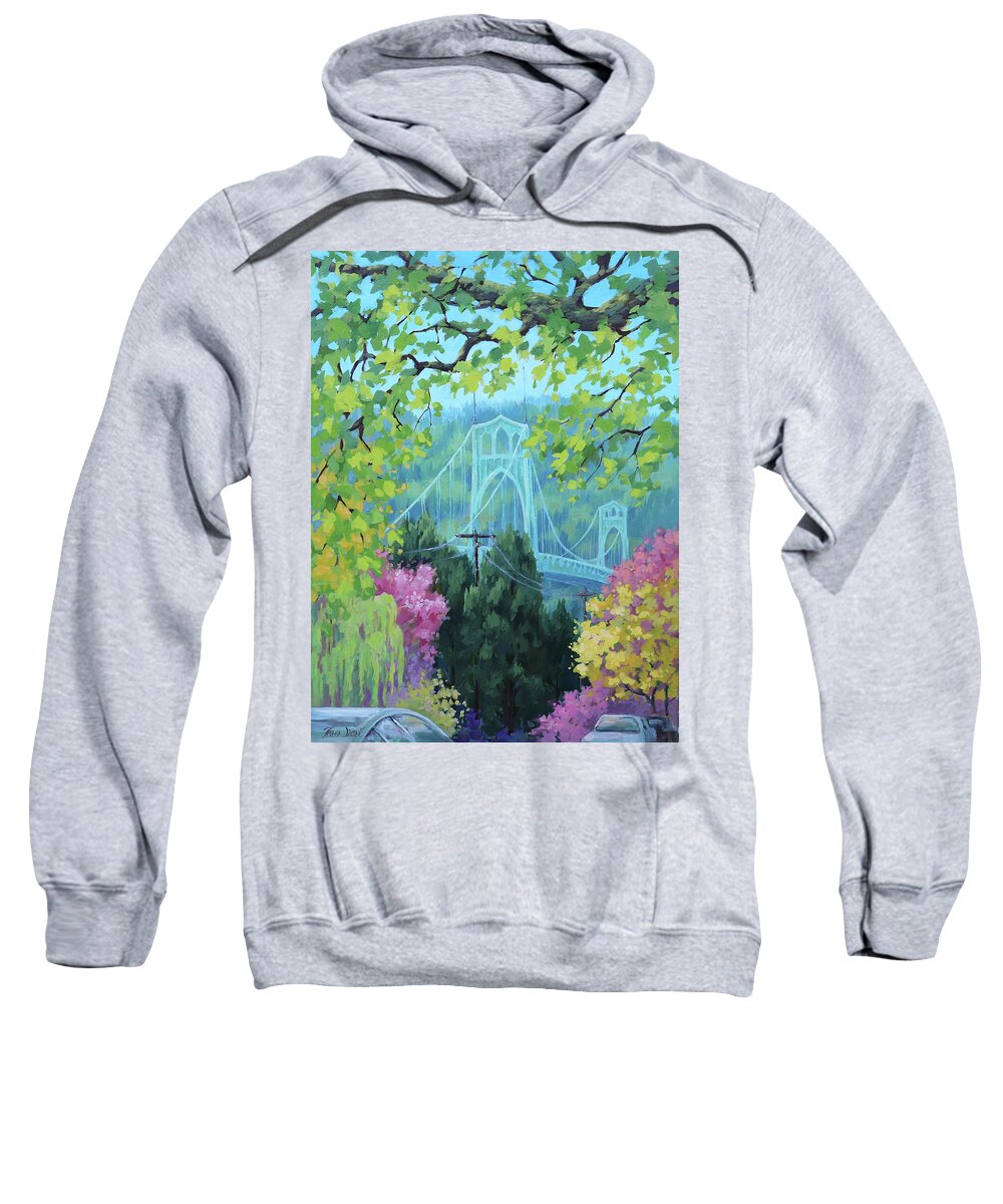 Portland Sweatshirt featuring the painting Spring Bridge by Karen Ilari