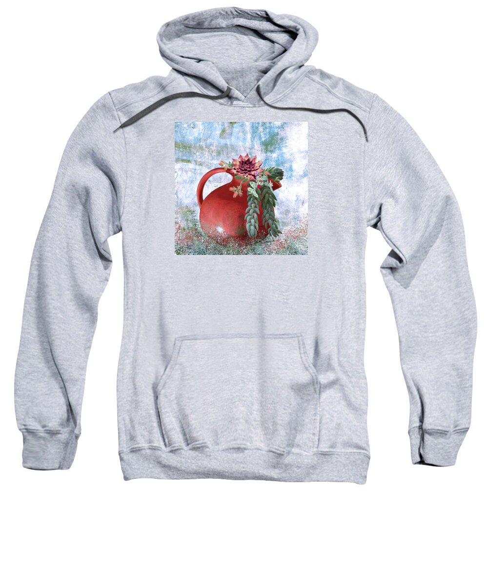 Succulents Sweatshirt featuring the digital art Succulents in a Retro Red Pitcher by Sherrie Triest