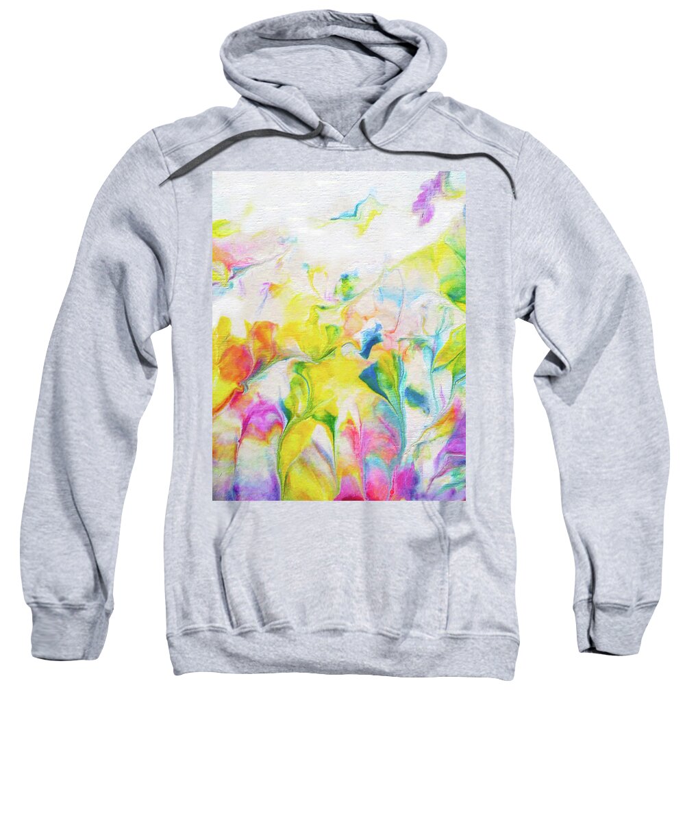 Abstract Floral Happy Yellows Pinks Blues Acrylic Sweatshirt featuring the painting Summer Bloom by Deborah Erlandson