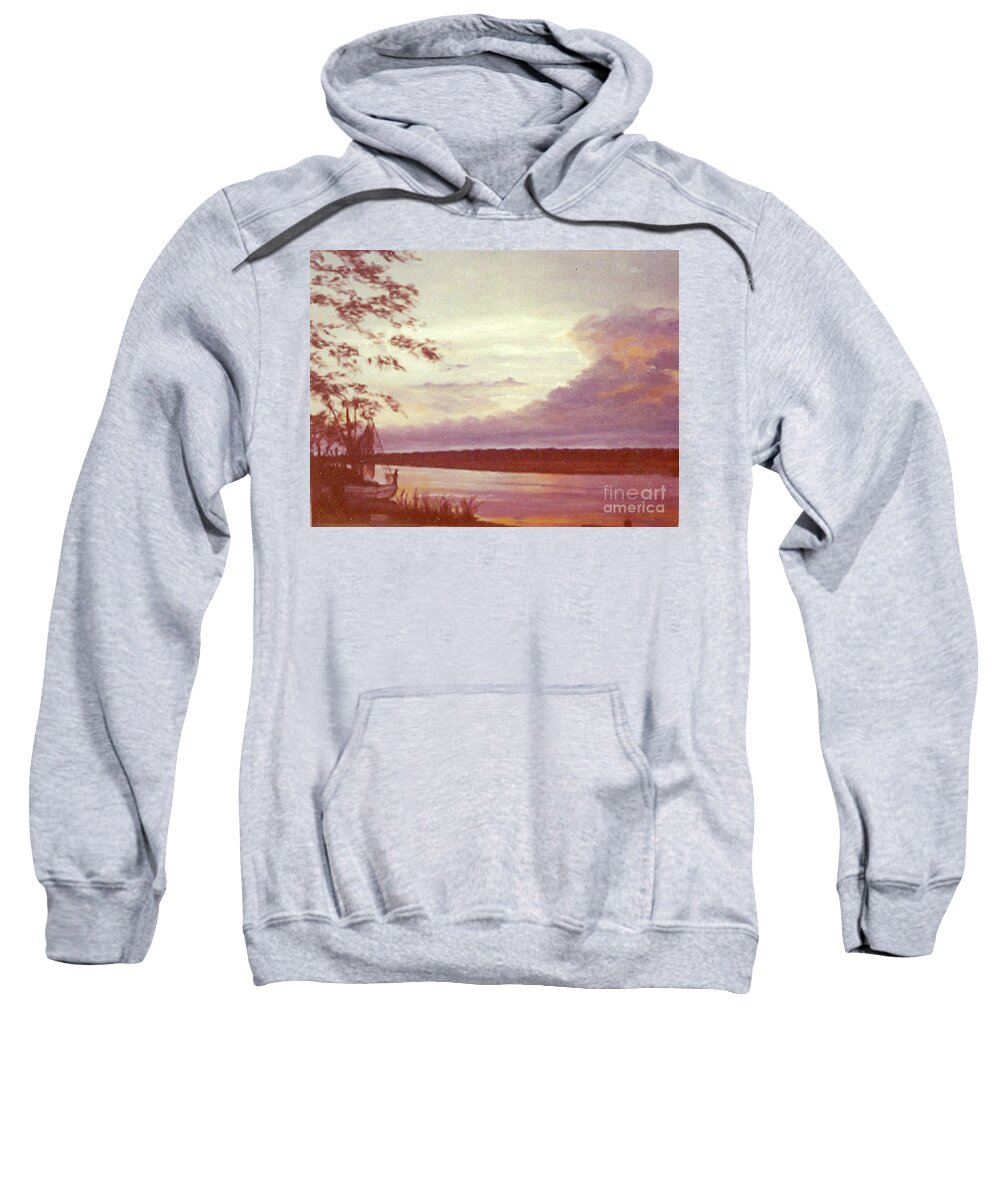 Sunset Sweatshirt featuring the painting Sunset at Murrells Inlet on Fishing Boat Vintage Oil Painting by Catherine Ludwig Donleycott