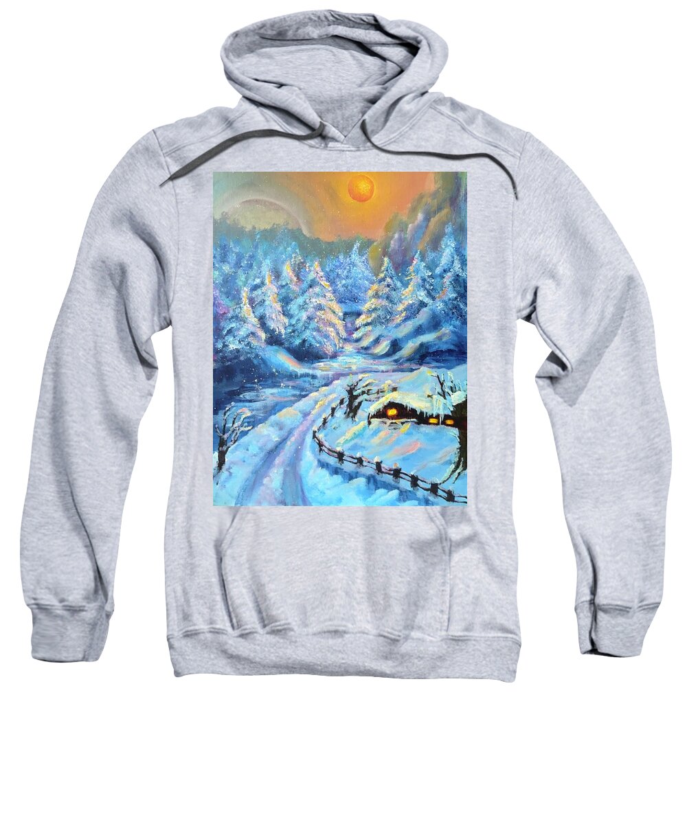 Moon Sweatshirt featuring the painting Sunset in Winter by Medea Ioseliani