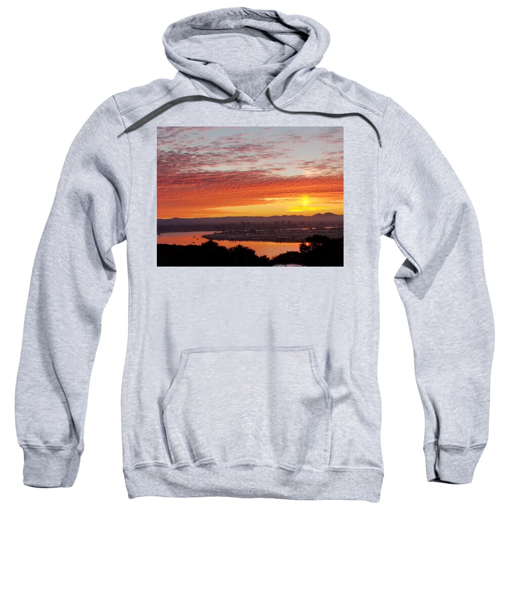 Sunset Water Bay Trees Yellow Orange Grey Clouds Island Sweatshirt featuring the digital art Sunset over Mission Bay by Kathleen Boyles