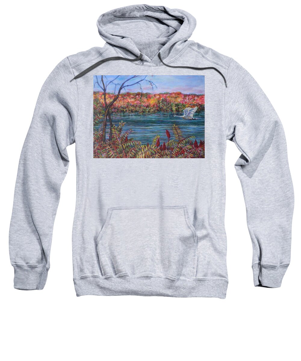 Flying Swan Sweatshirt featuring the painting Swan Lake by Veronica Cassell vaz