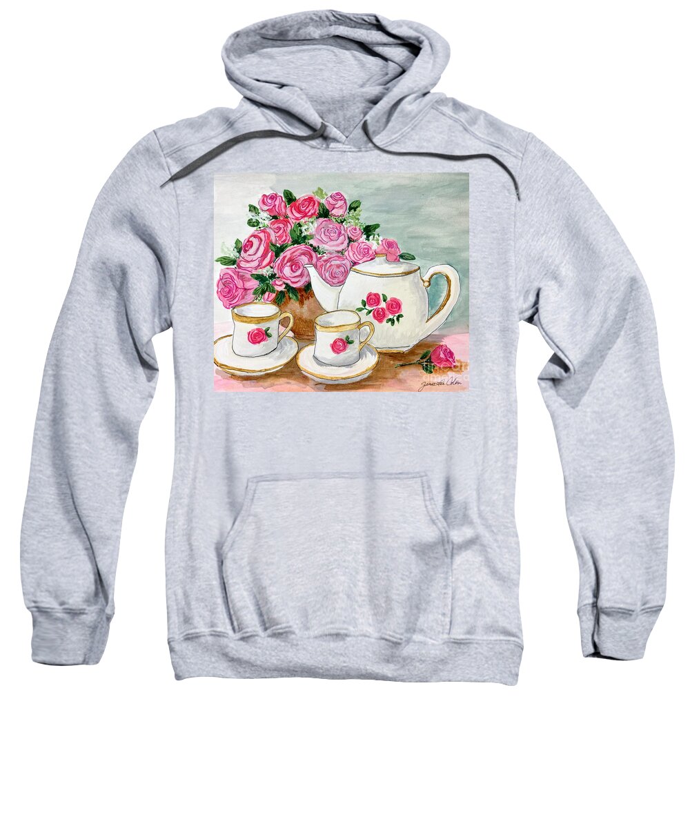 Tea Pot Sweatshirt featuring the painting Tea Set with Pink Roses by Janis Lee Colon
