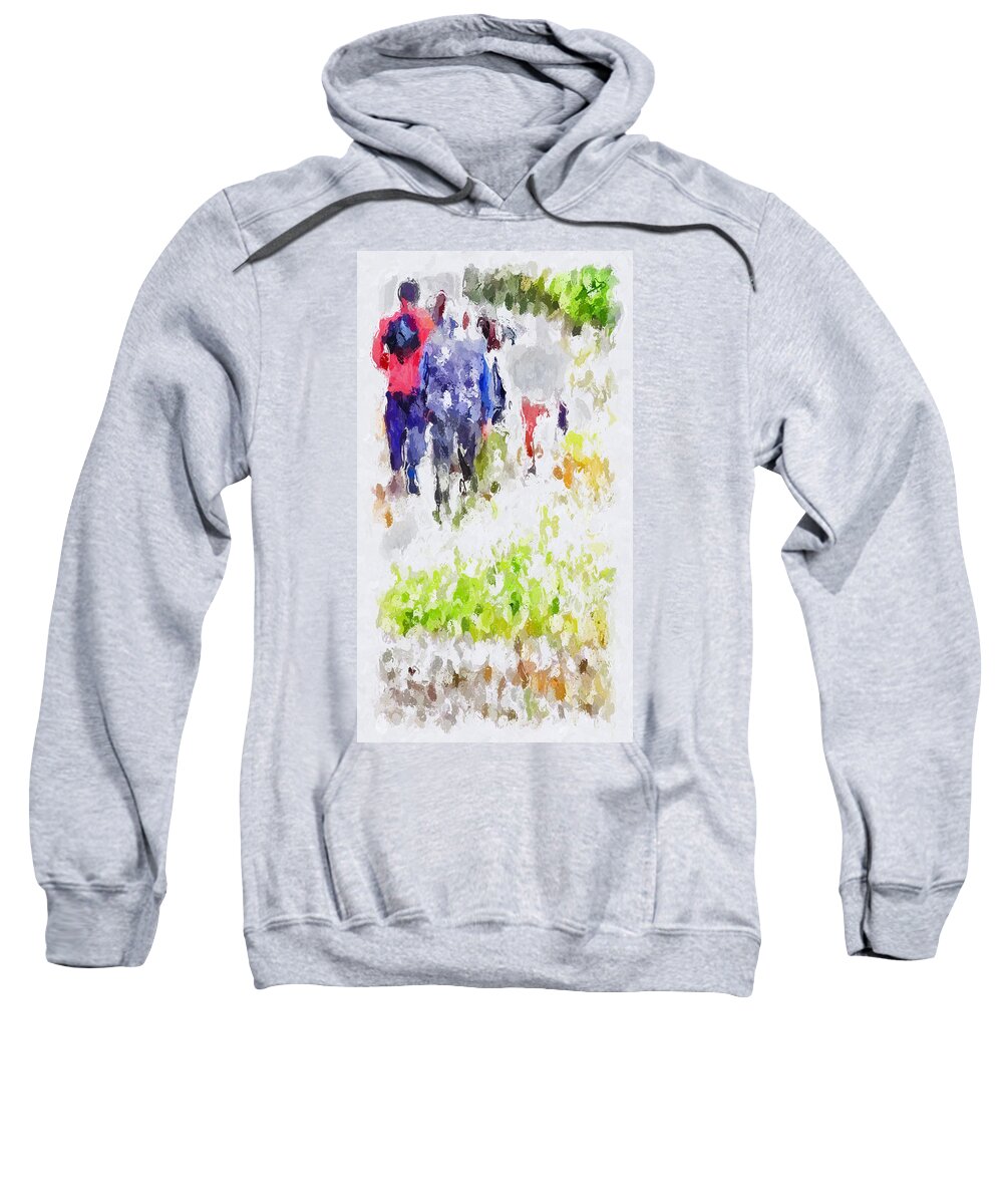 Hikers Silhouettes Trees Green Orange Grass Blue Jacket Red Backpack Grey Red Pants White Black Brown Sweatshirt featuring the digital art The Hike by Kathleen Boyles