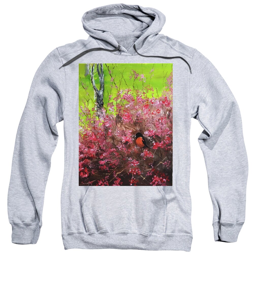 Quince Bush Sweatshirt featuring the painting The Oriel by Ellen Canfield