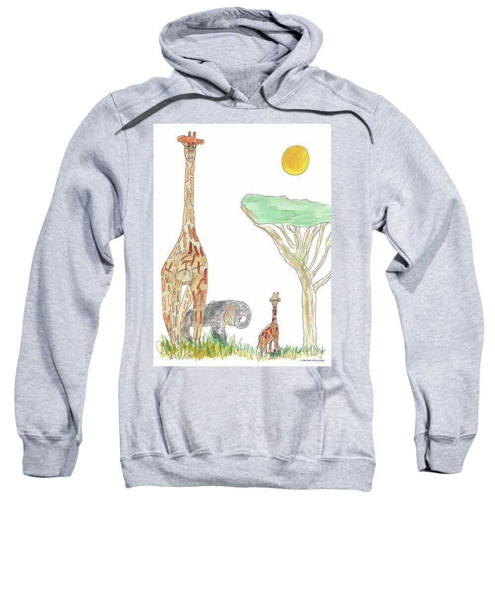 Giraffe Sweatshirt featuring the painting The Orphan Elephant by Helen Holden-Gladsky