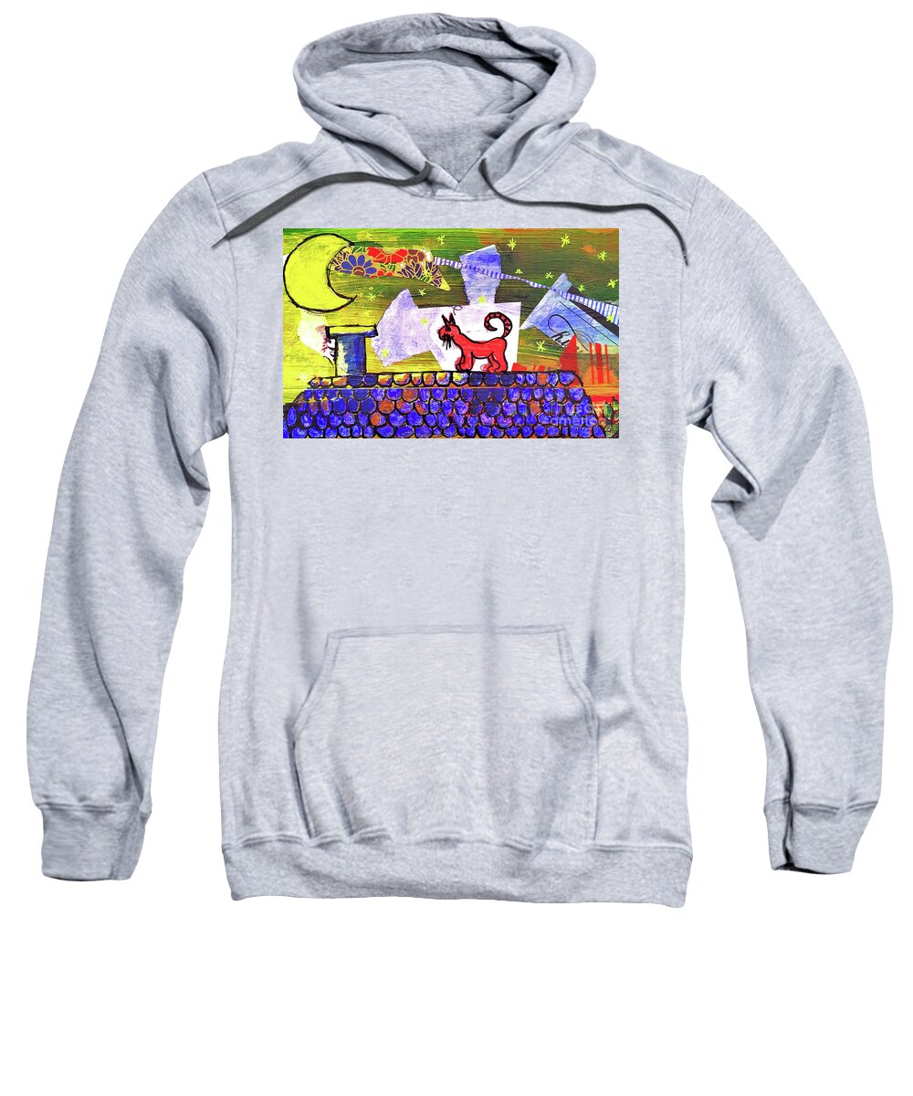 Cat Sweatshirt featuring the mixed media The Red Cat on the Roof by Mimulux Patricia No