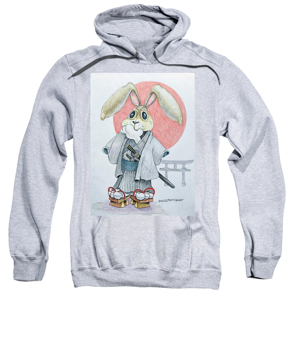Japanese Sweatshirt featuring the drawing The Samurai Bunny by Tim Ernst