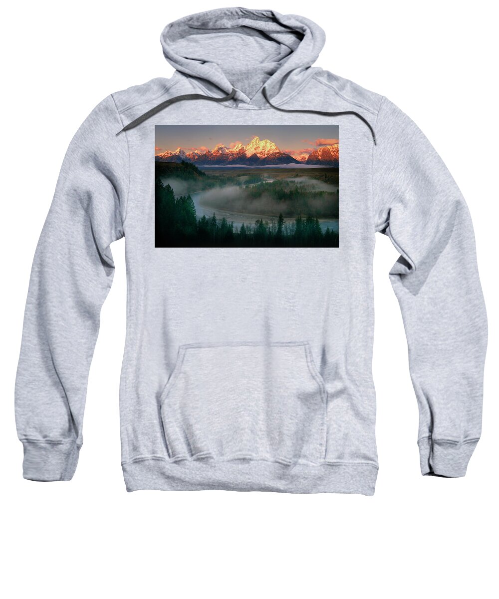 Tetons Sweatshirt featuring the photograph The Tetons Sunrise at Snake River Overlook by Mark Miller