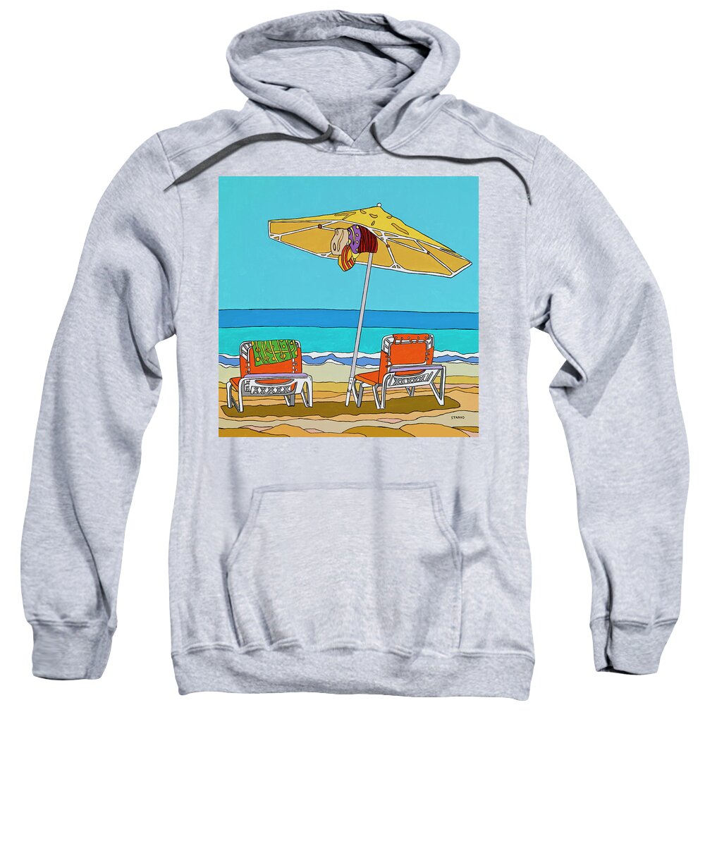Beach Chairs Sand Ocean Water Summer Umbrella Sweatshirt featuring the painting The yellow umbrella by Mike Stanko