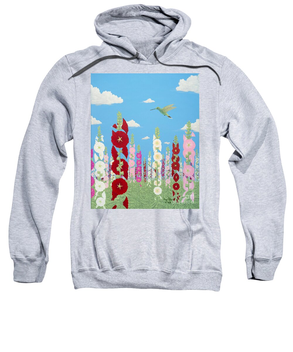 Hummingbirds Flitting Over Hollyhocks Sweatshirt featuring the painting These Are For You Part Three by Doug Miller