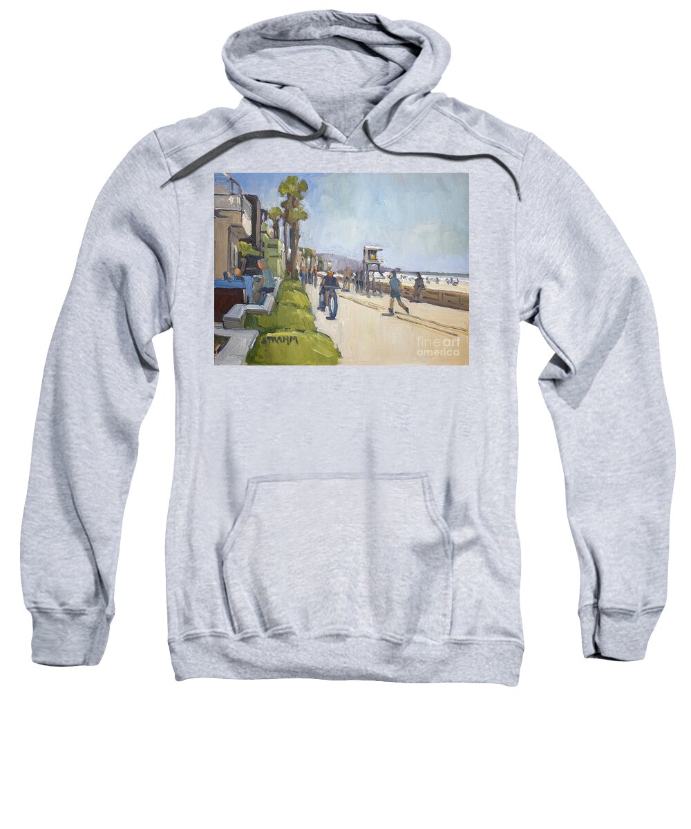 San Diego Sweatshirt featuring the painting Lifeguard Tower 19 Along the Boardwalk - Mission Beach - San Diego, California by Paul Strahm