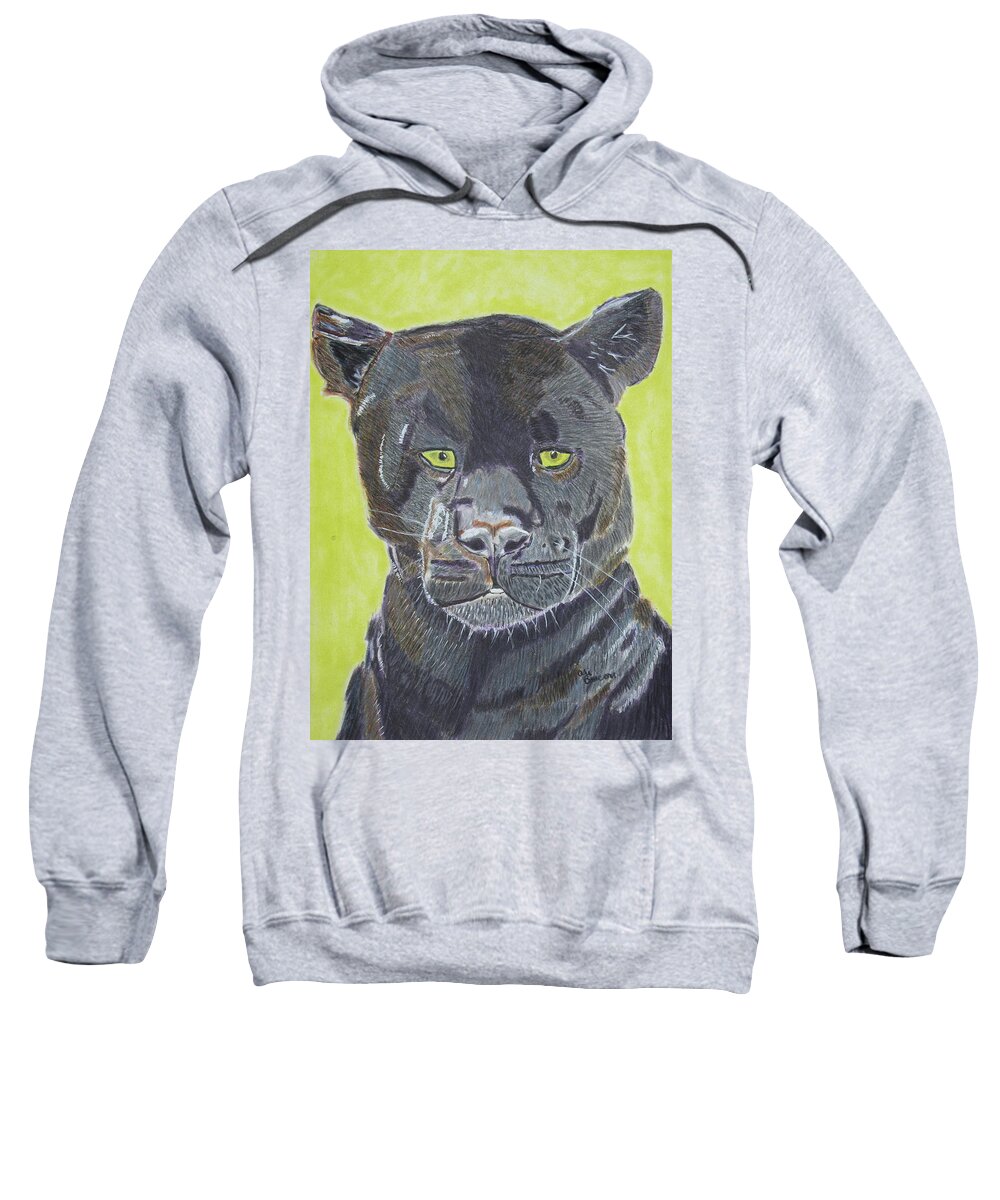 Panther Sweatshirt featuring the drawing Tunder a Mixed Media Drawing of a Panther that is Black by Ali Baucom