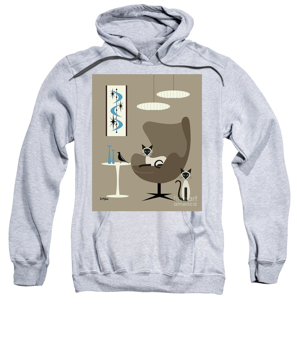 Mid Century Cat Sweatshirt featuring the digital art Two Siamese in Mid Century Brown Chair by Donna Mibus