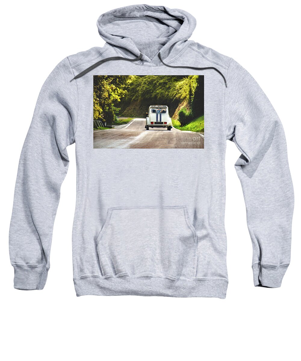 Vintage Sweatshirt featuring the photograph Vintage Car Country Winding Road Back View Friends Road Trip by Luca Lorenzelli
