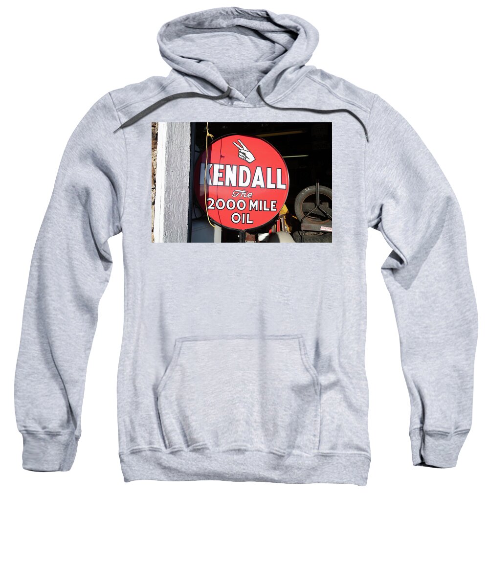 Americana Sweatshirt featuring the photograph Vintage Kendall Oil sign on Historic Route 66 in Ash Grove Missouri by Eldon McGraw