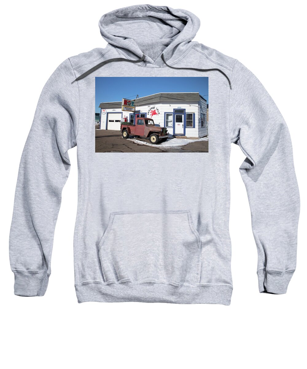 Mobilgas Sweatshirt featuring the photograph Vintage Northland Gas Station in Marquette Michigan by Eldon McGraw