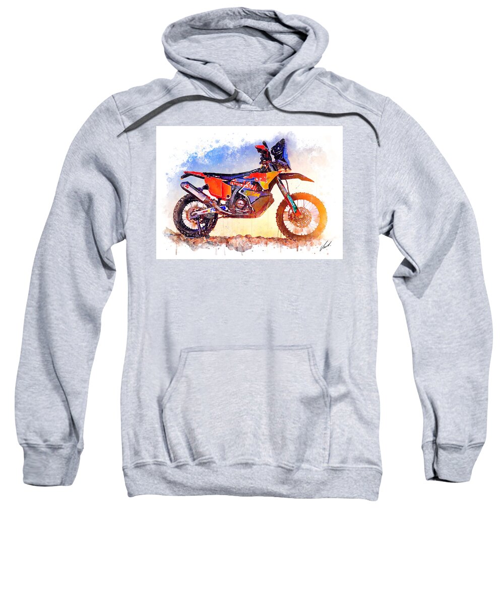 Adventure Sweatshirt featuring the painting Watercolor KTM 450 Rally Dakar motorcycle - oryginal artwork by Vart. by Vart Studio