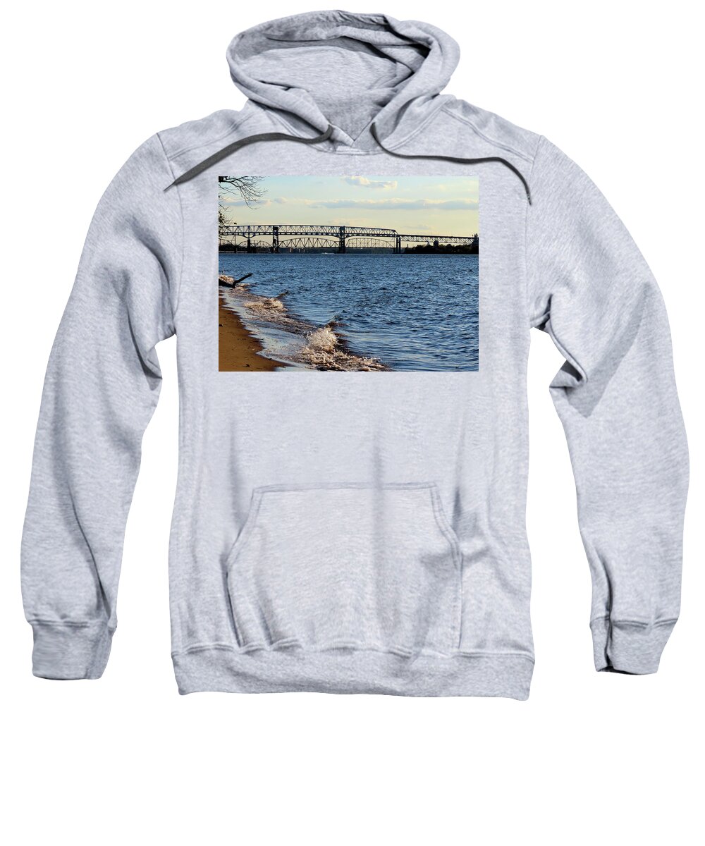 River Sweatshirt featuring the photograph Waves Lapping the Shore of the Delaware River Near Betsy Ross and Delair Memorial Railroad Bridges by Linda Stern